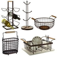 Bronze Iron Kitchen Utensil Holder Wine Rack 6 Cup Mug Tree Stand & Fruit Basket