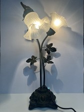 22.5” Vintage Bronze  Base With Lily Flower  2 Heads Glass Lamp Shade Lamp