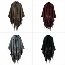 Mens Wool Blend Stripe Hooded Cape Poncho Hoody Shawl Manteau Boho Gypsy Hippie