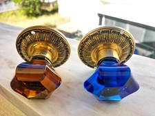 1 ANTIQUE PAIR DOOR Knobs - BLUE Cobalt /  AMBER CUT Glass / CRYSTAL 43 / 50 mm