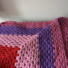 Vintage Hand Made Crochet Afghan Throw Blanket 47” x 47” Red Pink Purple