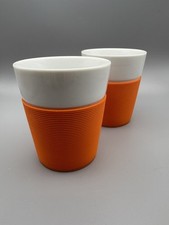 2x Bodum Bistro Porcelain  Handleless Mugs With Orange Silicone Sleeve