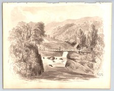 Antique Pencil Drawing: Rogie Falls, Ross-Shire, Scotland.