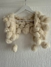 CREAM LUXURIOUS REAL FUR POM POM NECK SCARF SHAWL TOWIE WINTER BOHO SMART GLAM