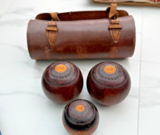 Lignum Vitae Crown Green Bowls, with matching Jack, Leather carrying case