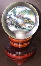 LARGE CHINESE GLASS CRYSTAL BALL REVERSE HAND PAINTED ROTATING VTG & STAND