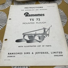 Ransomes TS72 - mounted plough instructions & parts  vintage manual