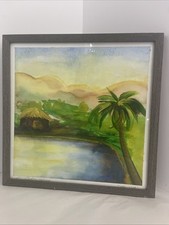 Tropical Beach Landscape Painting “The Hut” Palm Tree Signed Frame 12.5” Sq 2020