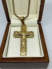 9ct  X-Large Yellow Gold filled Jesus Crucifix Cross Pendant Necklace Free  Box