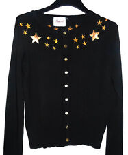 Banned Retro Black & Embroidered Gold Stars Applique Cardigan S Pearlized Button
