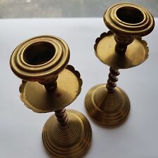 Antique cast brass candlesticks twist stems wax tray 17cm beehive bases England