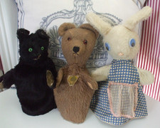 3 x VINTAGE ANTIQUE? GLOVE PUPPETS STEIFF LUCKY BLACK CAT  - TEDDY BEAR & RABBIT