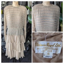 Vtg Victoria Royal Ltd CC of Hong Kong Beaded Sequin Dress Ruffles Shoulder Pads