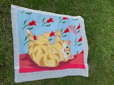 VINTAGE TAPESTRY EMBROIDERED PICTURE HAND STITCH CAT KITTEN RED GINGER TABBY