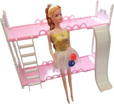 Pink Fashion Doll Sized Plastic Furniture Bunk Bed, Ladder & Slide Free UK P&P