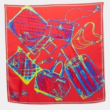 Chanel CC Red Print Scarf 100% Silk Flight Boarding X Ray Hand rolled Pls Read