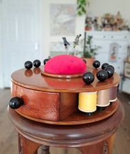 Antique Sewing Wooden Cotton Reel Holder and Pin Cushion 12 Thread Work Station