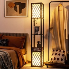 Floor Lamp with Shelves 2 Layers Wooden Shelf Tall Standing Light