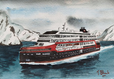ORIGINAL WATERCOLOUR - Hurtigruten Ship "Roald Amundsen".