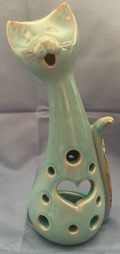 Turquoise ceramic cat candle - turquoise,