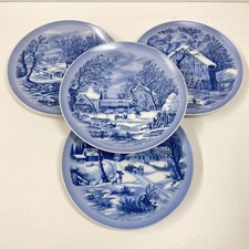 4 x Vintage 1980's Currier & Ives Decorative Blue Plates - Complete Set - Japan