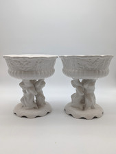 Pair of Ceramic White Pedestal Cherub Planters H7 P936