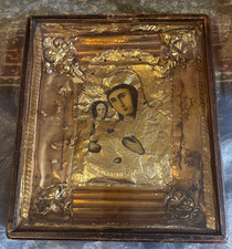 Antique Virgin Mary with Christ child early 20th Cent Orthodox Icon Oil on Wood