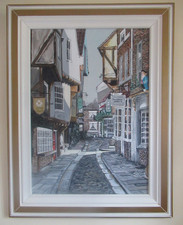 Large Vintage The Shambles York Street Scene Oil Painting Framed