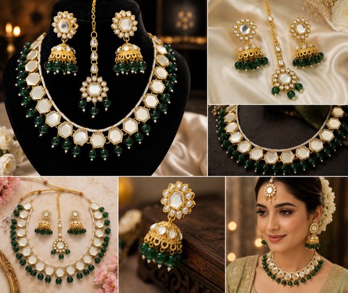 Green kundan jewellery set - green,