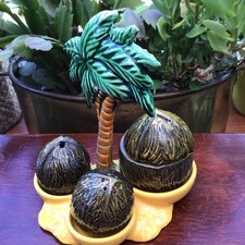 Vintage Style Kitsch Coconuts  Palm Tree Cruet Set Sauce Mustard, Salt & Pepper