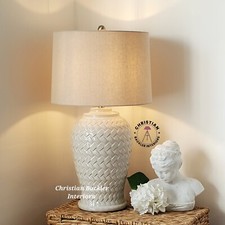 Large White Ceramic Table Lamp with Linen Shade & Woven Pattern Base 70cm Modern