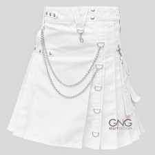 Scottish White Gothic Tactical Kilt Utility Chain Fashion Kilt For Men 28" - 62"