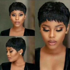 UK Cut Wig Women Natural Black Short Hair Pixie Full Wigs+Net