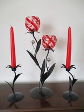 Three Piece Flower Design Metal And Glass Candle Holder / Candlestick Set