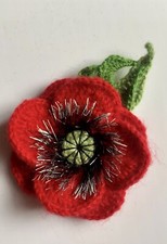 Knitted crocheted Red poppy Brooch