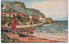 Vtg 1930s? postcard Runswick Bay Whitby artist fishing boats sail UNP AA241