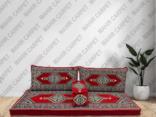 ARABIC MAJLIS JALSA TURKISH SOFA, OTTOMAN FLOOR CUSHION SEATING FULL SET RED