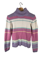 Next Womens Jumper Size UK 10 Chunky Knit  Roll Neck Pastel Striped Pullover Vtg