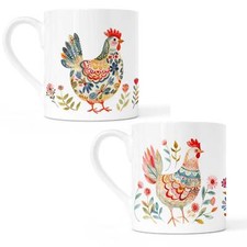 Set of 2 Bone China Cups – Bright & Cheery Chicken Design