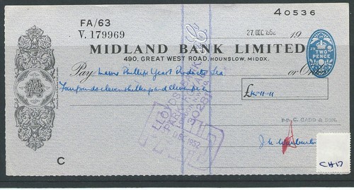 Cheque used 1950 - -1950's, -ch17-