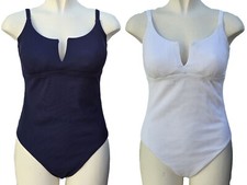 M&S Ribbed Swimsuit Swimming Costume V Slit Blue White Size 10 16 20 22