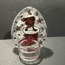 Vintage Art Glass Hand Painted Frosted Glass Santa Boot Tealight Holder