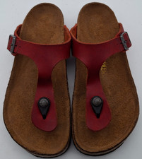 BIRKENSTOCK RED LEATHER GIZEH THONG SANDALS - UK 4.5, EUR 37 REGULAR