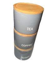 Ceramic Stackable Kitchen Tea Coffee Sugar Storage Bamboo Lid Jar Set - Grey
