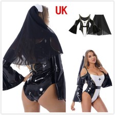 UK Women Leather Halloween Nun Rompers Cosplay High Cut Bodysuit Outfits Costume