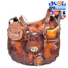 Hand Tooled Vintage Brown Leather Floral Western Horse Saddle Bag Made In Mexico