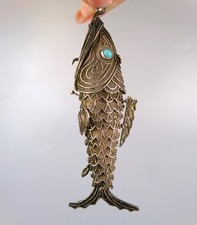 Vintage Articulated Silver Fish Box / Pendant. Filigree Chinese Turquoise. 3.25"