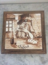 Antique French Signed Pottery Tile Trivet CHABROT Wooden Stand Bun Feet c1900