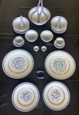 Blue and white Chinese dinner service for 2, dragon and rice pattern, 23 pieces