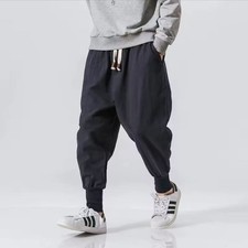 Cotton Linen Harem Pants Men Solid Elastic Waist Streetwear Joggers New Baggy